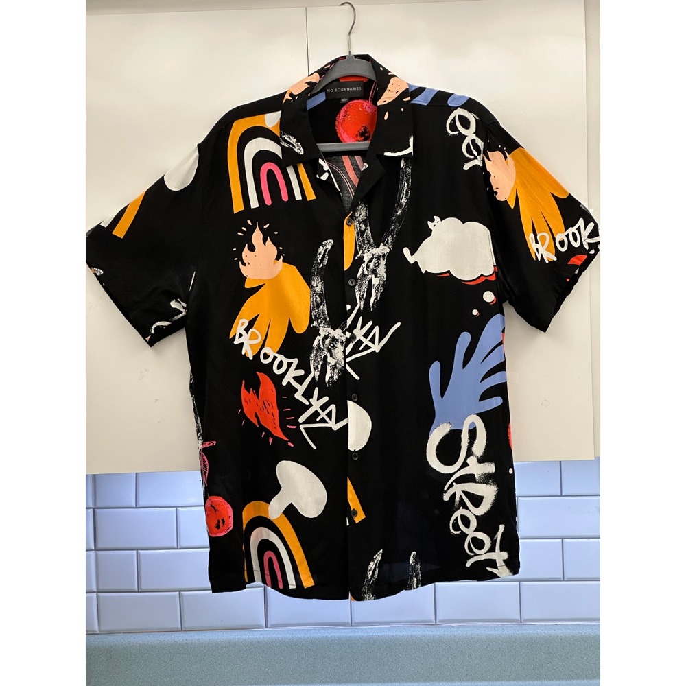 No Boundaries Mens Brooklyn Street Art Graffiti Rayon Button Down Shirt Large L